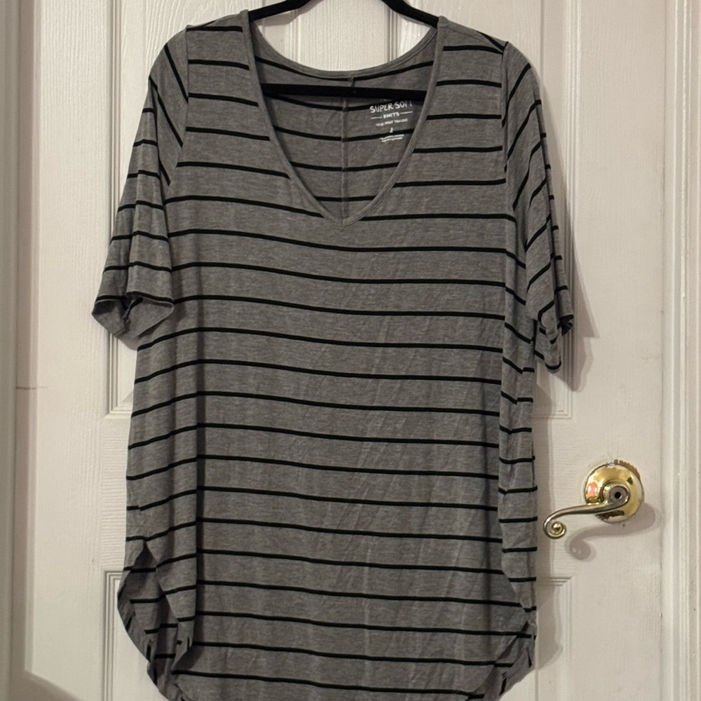 Gray Striped V-Neck Top